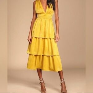 Lulu's Mustard Yellow V-Neck Tiered Maxi Dress